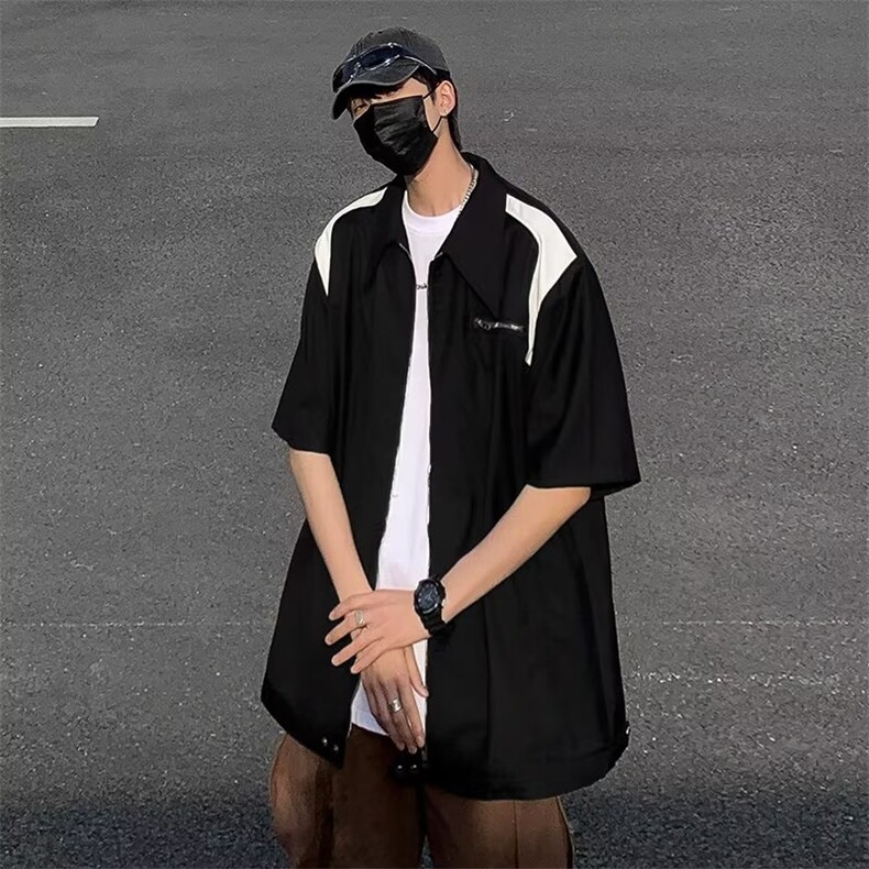 美式复古设计高级感短袖衬衫潮牌小众撞色拉链宽松外搭外套衬衣,男装衬衫,星座601-2