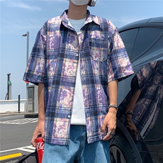 2025美式扎染印花冰丝凉感短袖五分袖格子衬衫CS1866/特P25紫2，男装T恤，电商A094