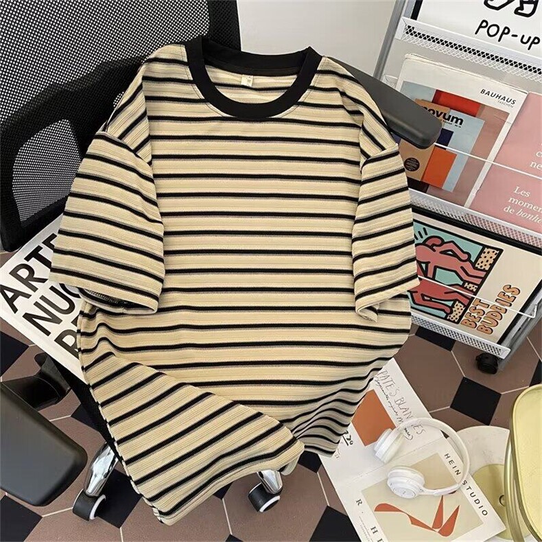 复古条纹短袖男夏季简单穿搭t恤小领口情侣重磅上衣服TX377-P40,男装T恤,星座1008