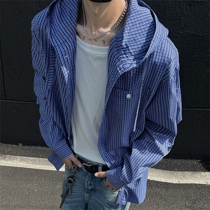 防紫外线弯刀袖格子衬衫防晒衣男夏季新款美式冰丝轻薄透气钓鱼服