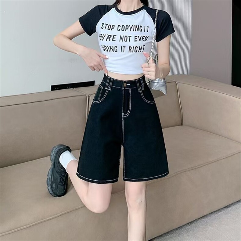 黑色水洗阔腿牛仔裤女新款宽松高腰显瘦直筒五分裤中裤,男装牛仔裤,星座506A