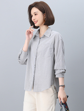 纯棉条纹衬衫女长袖2025年春季新款衬衣减龄洋气小衫中年妈妈上衣，女装衬衫，忆绮罗