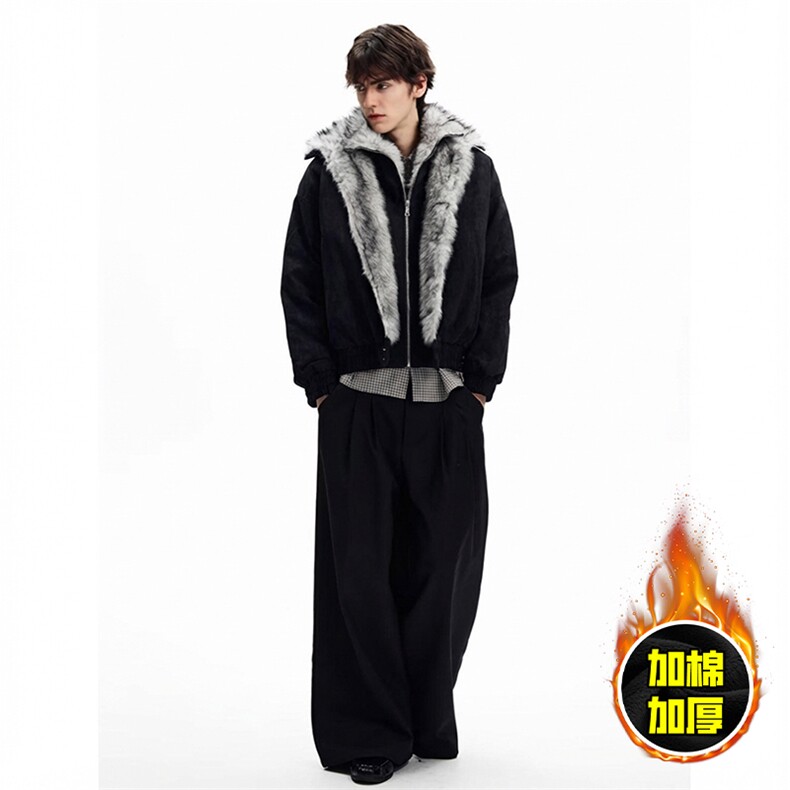 现货高品质美式高街重磅狼王座山雕毛毛领假两件棉衣加厚棉服外套，男装棉衣，电商A486