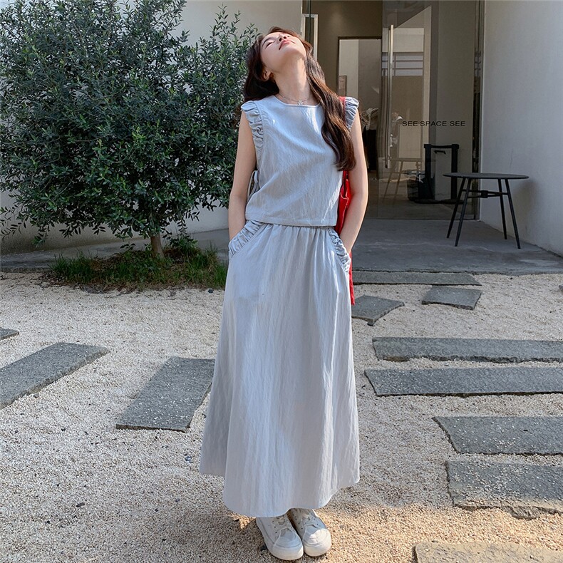 蓝色清冷松弛感马甲套装裙女2025夏新款法式气质减龄半身裙两件套,女装套装/套裙,2C261