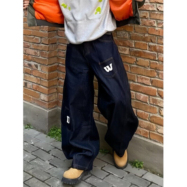 深蓝色字母印花阔腿牛仔裤美式设计感弯刀裤男网图8084-P55,男装牛仔裤,星座1001-1