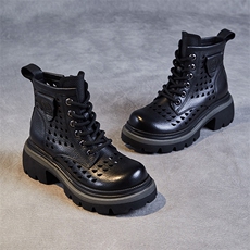 头层牛皮凉靴女春夏复古英伦厚底薄款镂空马丁靴真皮透气洞洞靴，女鞋马丁靴，电商A223