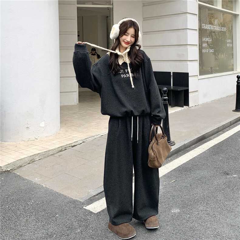 灰色复古针织立领拼接卫衣套装女2026冬韩系休闲运动阔腿裤两件套图片