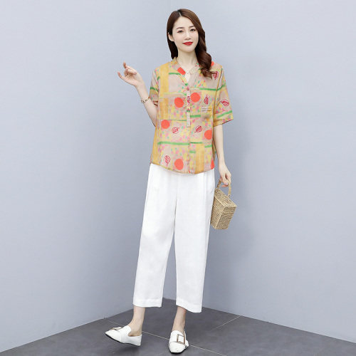 2021夏季新款简约时尚气质小V领印花上衣松紧腰休闲裤两件套,女装套装/套裙,灵力轩