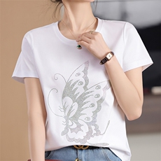 80支丝光棉短袖t恤女烫钻印花2024夏季新款100纯棉上衣体恤女显瘦，女装T恤，元素羊绒