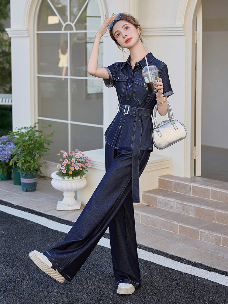 （新款现货）天丝牛仔套装女2026夏季穿搭短袖上衣阔腿裤潮两件套,女装套装/套裙,印象茜