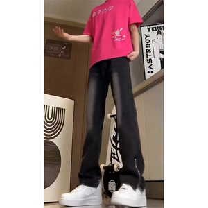 美式ins高街hiphop拉链直筒重工艺水洗牛仔裤货号K685P55图片