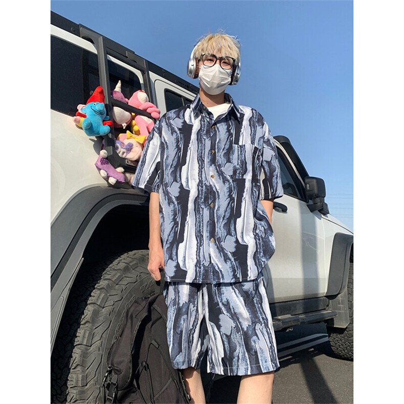 沙滩花衬衫套装男夏季薄款慵懒风五分袖短袖t恤大码外穿阔腿短裤图片