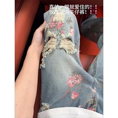 满印破洞牛仔裤男女夏季2026新款美式高街vibe裤子宽松阔腿裤百搭，男装牛仔裤，星座601-1