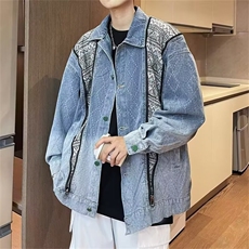 Y8091-P40复古民族风拼色贴布口袋拉链牛仔外套洋气时尚百搭翻领，男装工装外套，电商B323A