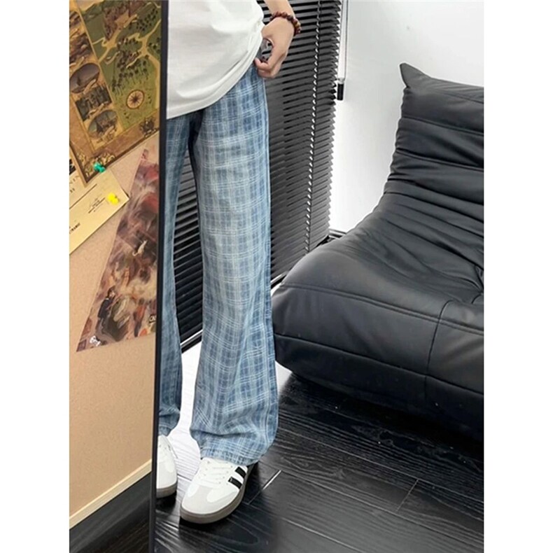 蓝格子半松紧腰微喇牛仔裤NNC433,男装牛仔裤,星座208-5