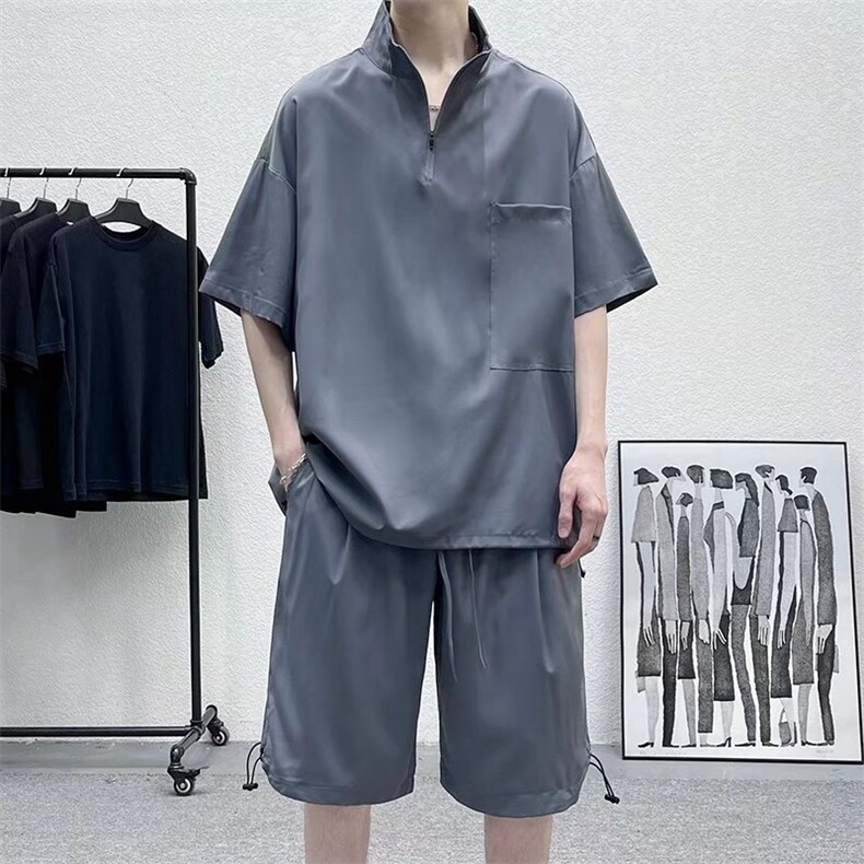两件套套装港味宽松男装酷盐系搭配帅气短袖卫衣一套W7124-P42,男装卫衣,星座512-2