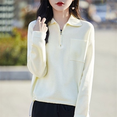 POLO领精纺羊毛长袖针织衫毛衣女春秋半开拉链抽绳卫衣宽松打底衫，女装羊毛衫，暖烁羊绒