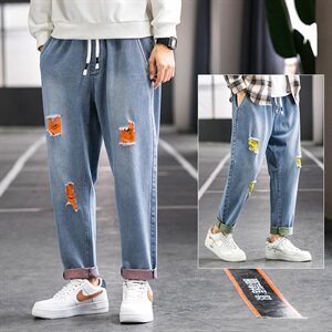 牛仔裤男秋季宽松潮流破洞裤子ins港风九分直筒阔腿长裤905-P45图片