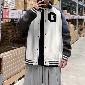 棒球领夹克呢子料上衣外套棒球服M--XXL 白色 J624图片