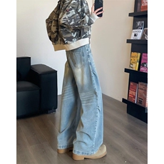 美式高街蓝色阔腿牛仔裤男宽松直筒垂感vibe休闲裤子RK2521-P50，男装休闲裤，星座412-3