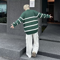 美式高街条纹翻领毛衣男潮牌半拉链设计套头针织衫上衣，男装针织衫/毛衣，星座410-7