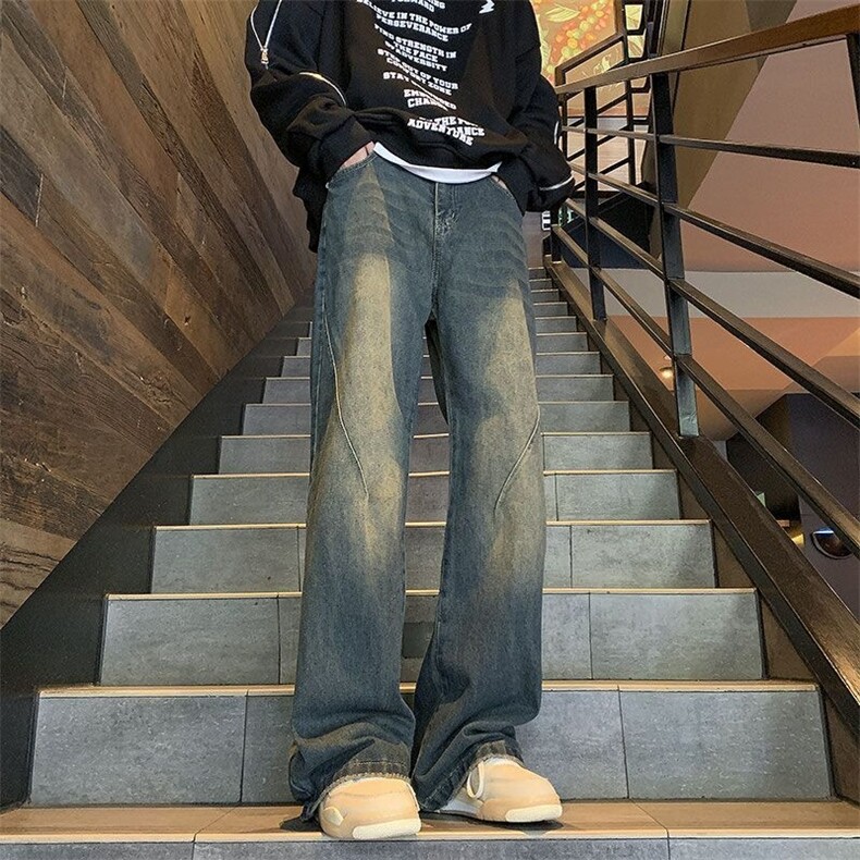 美式高街牛仔裤男复古微喇裤潮牌潮流宽松直筒阔腿裤NZG933图片