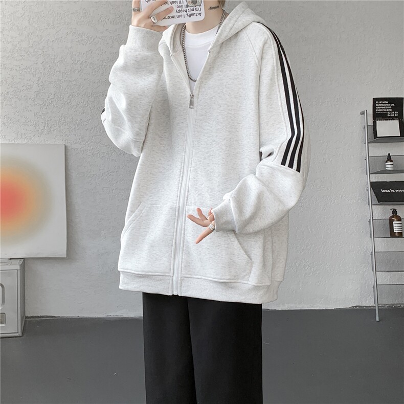8XL-M秋冬美式运动三条杠条纹开衫卫衣连帽特大码宽松JK5206/P65,男装卫衣,电商B238