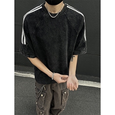 抖音得物高品质240克美式复古潮牌做旧水洗三条杠织带短袖T恤YQ45，男装T恤，电商A486-1