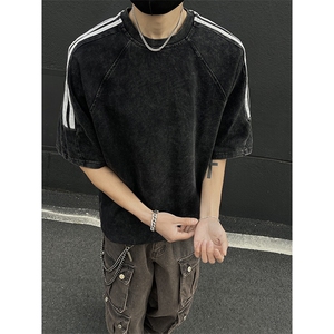 抖音得物高品质240克美式复古潮牌做旧水洗三条杠织带短袖T恤YQ45图片
