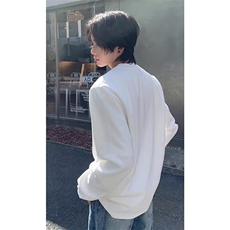 抖音得物品质26春装美式高街宽松曼巴棉螺纹拼接卫衣圆领长袖T恤，男装T恤，电商A443