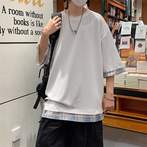 日系假两件短袖t恤2024夏季港风潮牌拼接格纹宽松七分袖上衣发图片