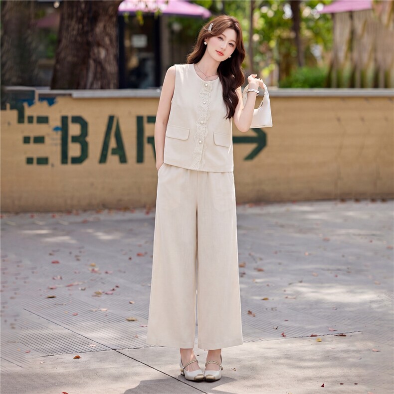 现货重工艺套装2026年夏季新款女装时尚气质无袖马甲阔腿裤两件套,女装套装/套裙,韩美纤衣