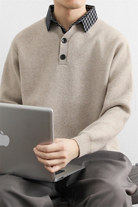 深灰色假两件条纹衬衣领针织衫男2025秋冬季重磅宽松套头毛衣图片