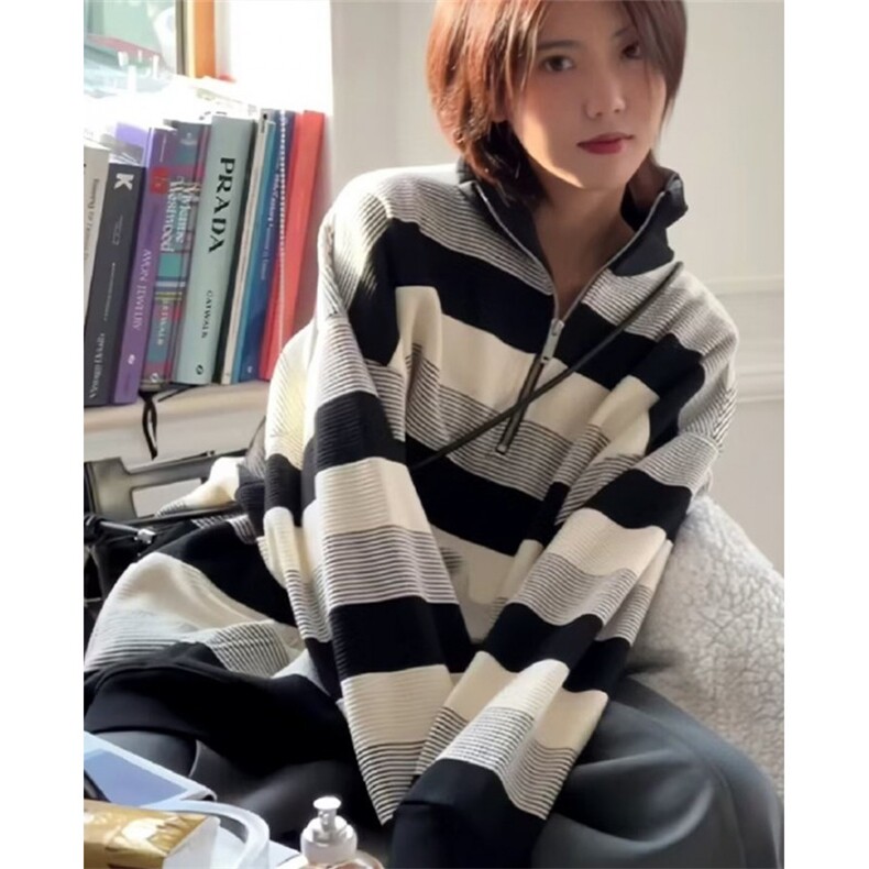复古半拉链条纹卫衣男女春秋薄款宽松长袖上衣外套W8805,女装短外套,星座1116A（原606A-3）
