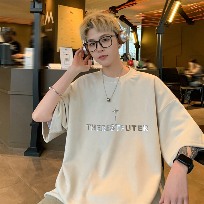 wassup happy短袖t恤男夏季潮牌金属字母大码体恤重磅休闲五分袖图片