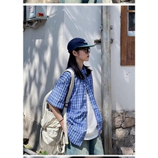 夏季日系复古气质格子短袖衬衫男女同款学院风休闲半袖衬衣上衣，男装T恤，星座1210-1