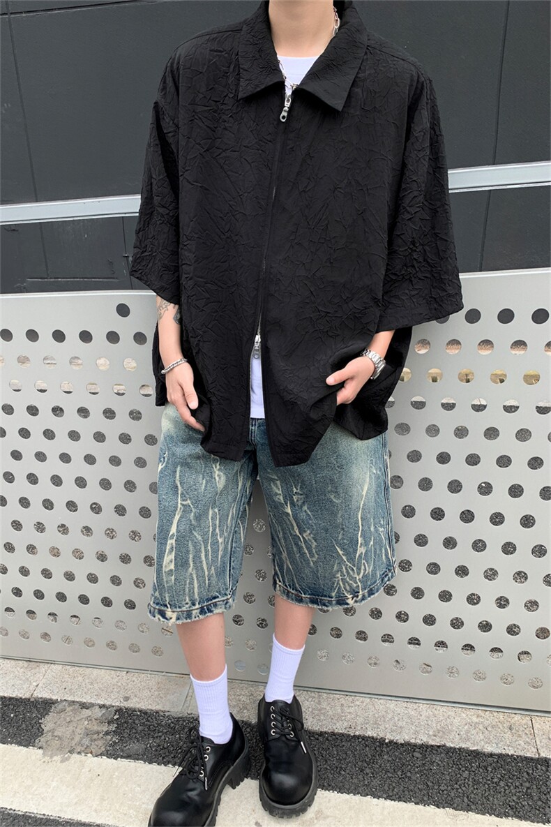 褶皱纹理解构拉链翻领黑色cleanfit短袖衬衫男高级感休闲上衣男潮,男装衬衫,星座505-2（原电商A260-1)