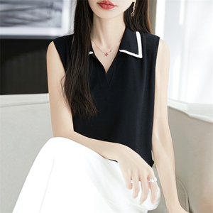 拼色POLO领无袖背心女天丝莱赛尔针织衫衬衣领坎肩夏薄款叠穿马甲图片