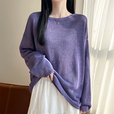 宽松简约百搭亚麻长袖T恤女2025夏微透松弛感显瘦罩衫纯色薄上衣，女装蕾丝衫/雪纺衫，东远绒业