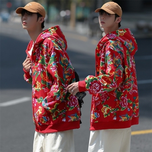 连帽加绒宽松港风东北大花复合绒开衫保暖大码卫衣外套夹克A203