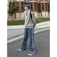 B221美式ins高街小众宽松三条杠运动牛仔裤LK23130-P60控78，男装牛仔裤，电商B221