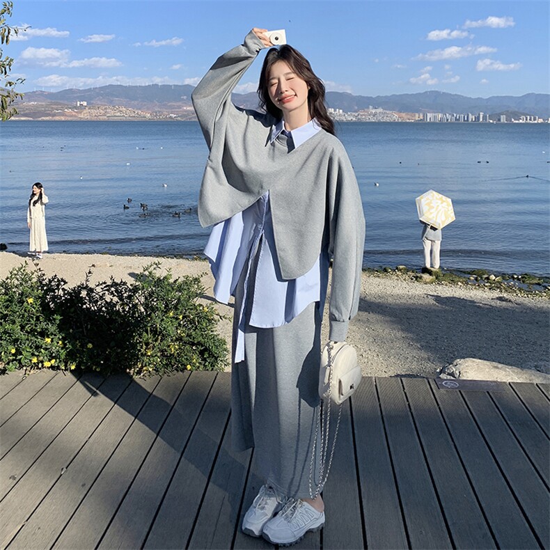 2025春季新款休闲百搭不规则设计感宽松卫衣马甲衬衫半身裙三件套,女装套装/套裙,2C133