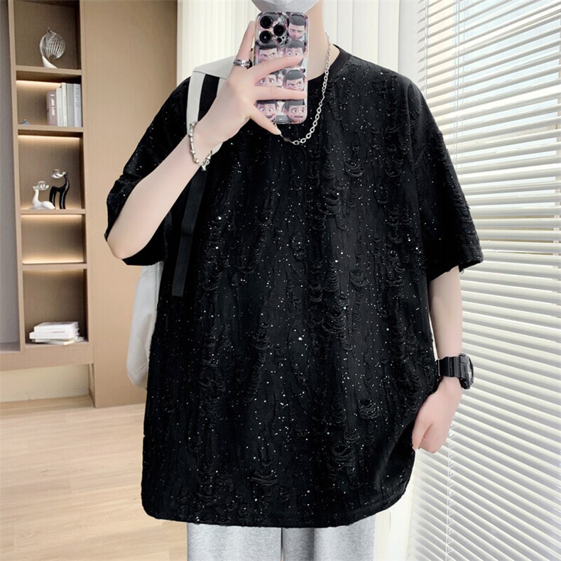 25抖音高品破洞短袖重磅情侣t恤女设计感中性上衣2510-P30,男装T恤,星座210-1