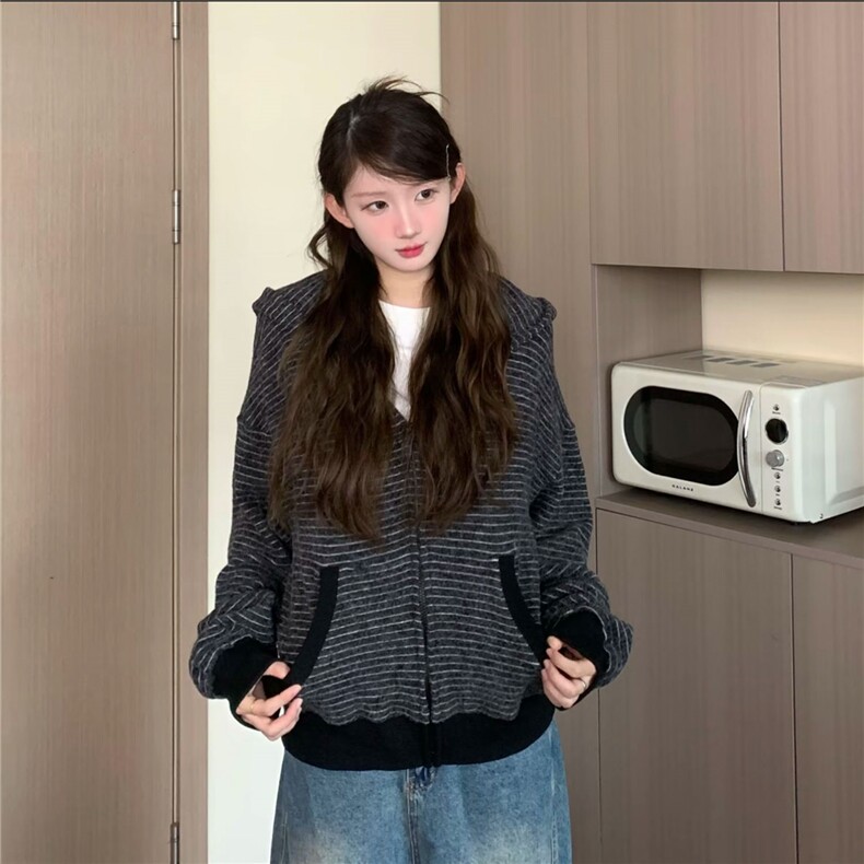 网图秋季新款氛围感学院风耳朵条纹连帽卫衣外套百搭D474特P68,女装短外套,电商A335-1（原A458）