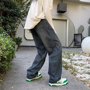 美式复古牛仔裤男春秋潮牌cleanfit宽松阔腿裤百搭高街设计感长裤图片
