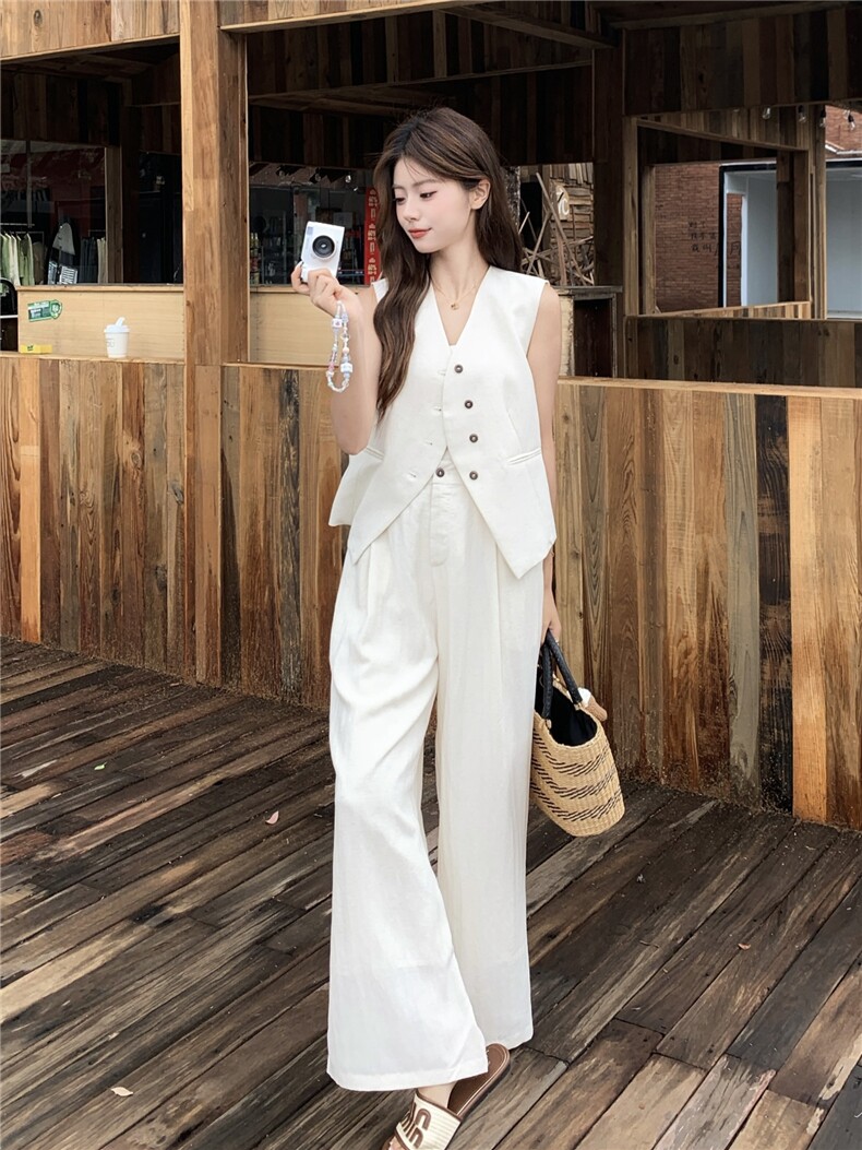 老钱风亚麻西装马甲阔腿两件套女2026新款夏季薄款透气高级感套装,女装套装/套裙,艾米莉亚