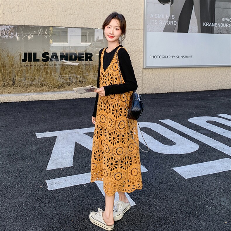 慵懒松弛穿搭蕾丝背心叠穿绿色T恤连衣裙女春秋休闲长裙两件套装,女装套装/套裙,新思路