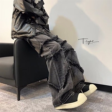 常规中腰长裤潮青少年美式复古水洗拼接毛边牛仔裤男直筒微弹春秋，男装休闲裤，星座1013