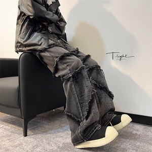 常规中腰长裤潮青少年美式复古水洗拼接毛边牛仔裤男直筒微弹春秋图片