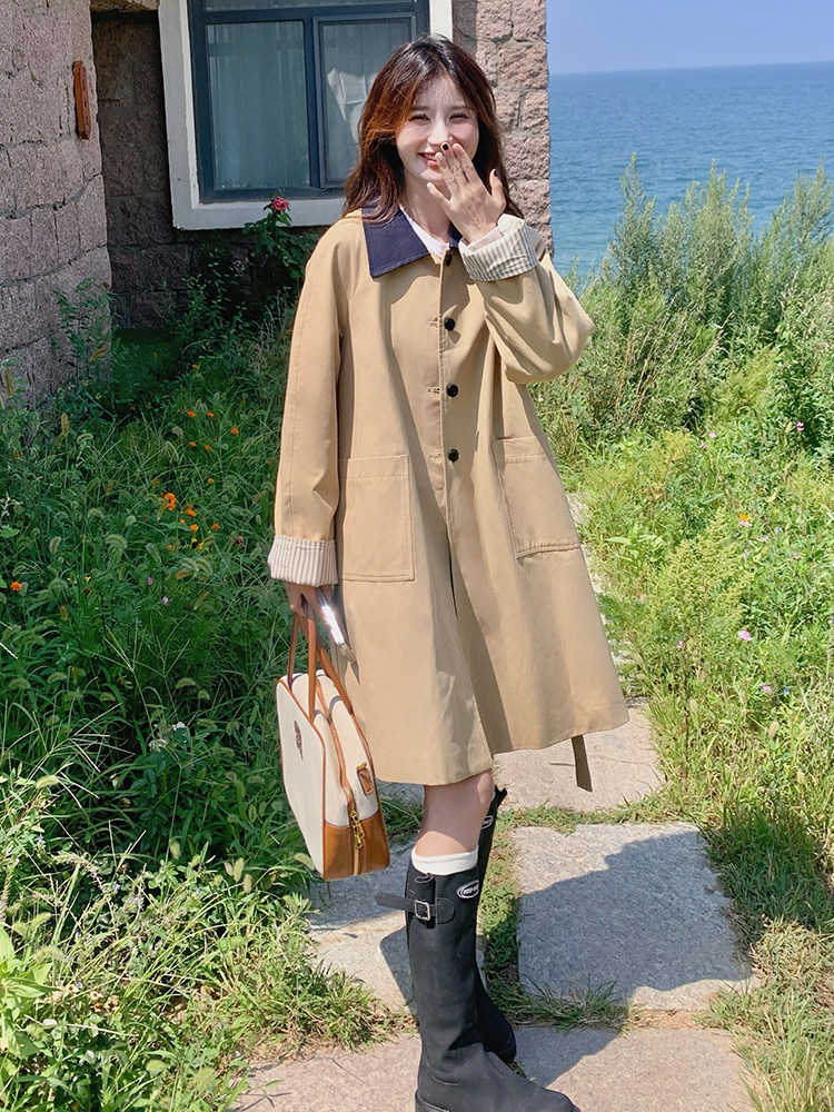 POLO领宽松型宽松风衣中长款纯色春秋英伦风短款百搭气质小个子,女装风衣,蝶眷